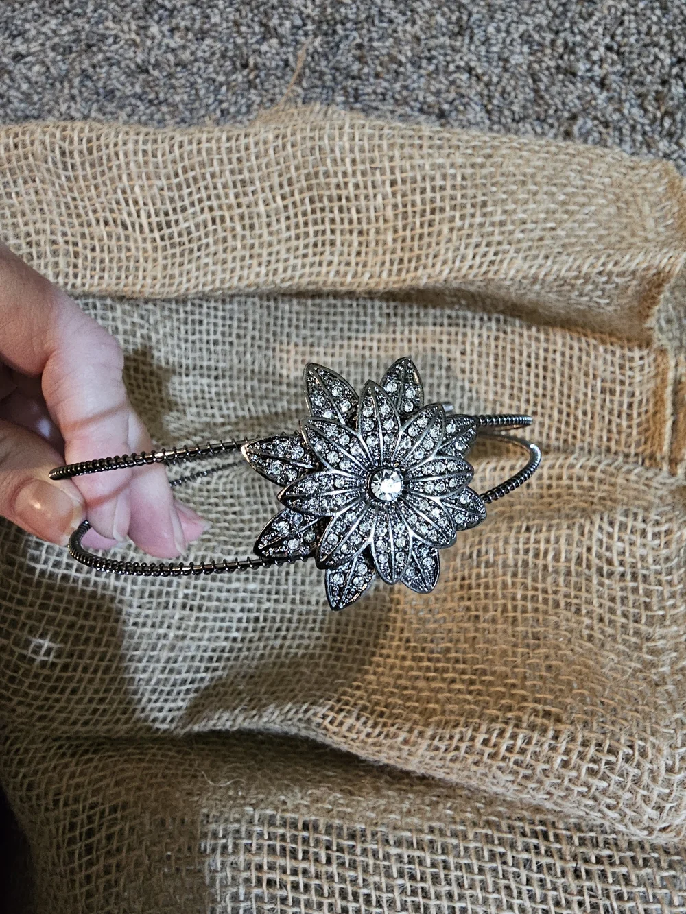 Rhinestone Flower Double-Band Metal Headband - Silver
